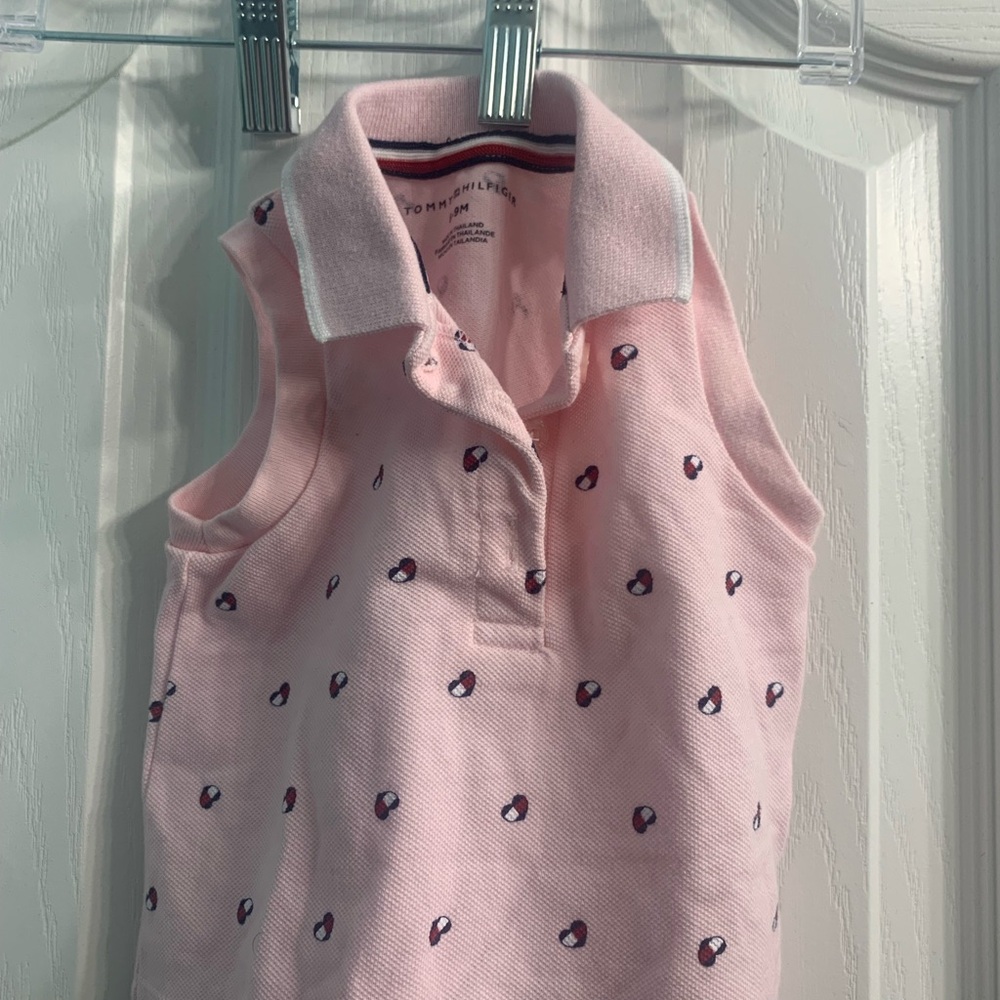 Tommy Hilfiger Pink Sleeveless Polo with Navy & White Logo Dots… Pink and white